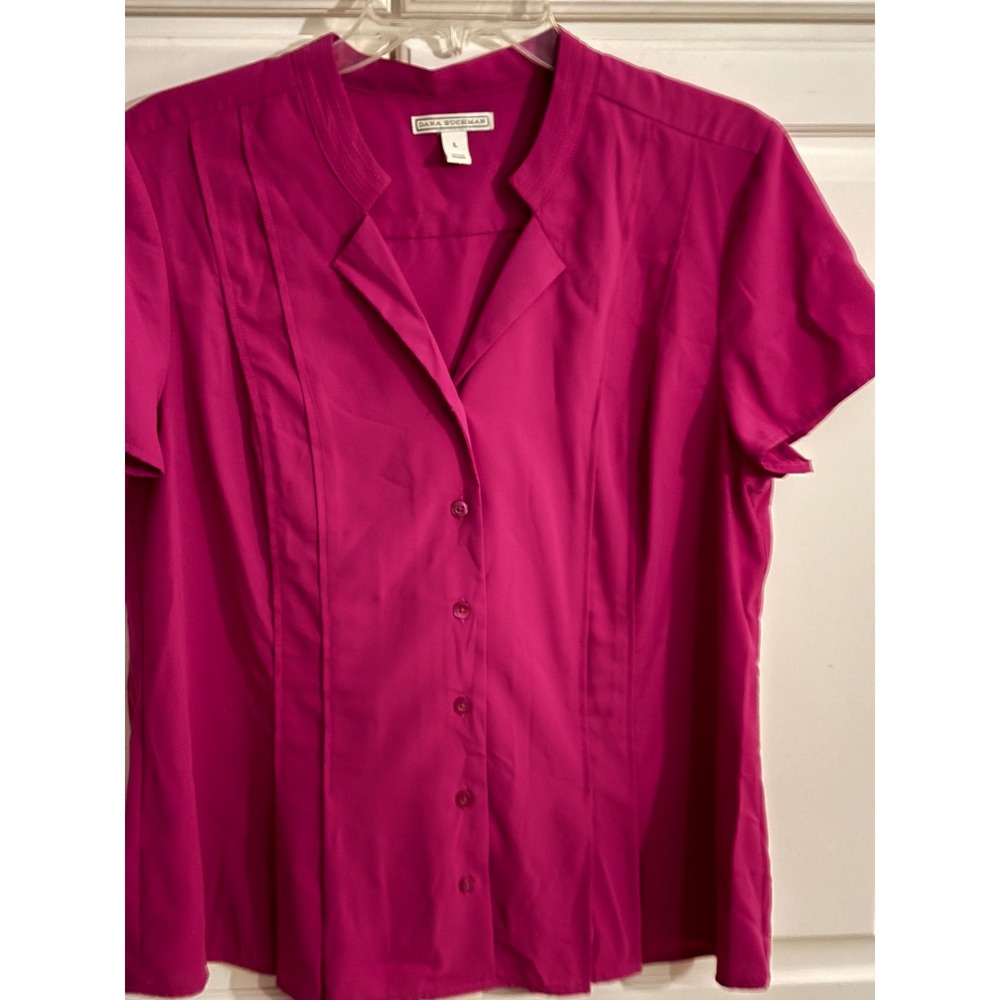 Dana Buchman Womens Magenta Pink Pintuck Short Sleeve Button Up Blouse Large